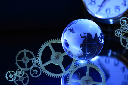 Globe over mechanical gears